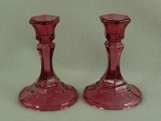 Vintage Cranberry Pink Stained Glass Candle Holders