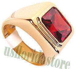 Mens Solitaire Ruby Red Stone 18kt Gold Plated Ring