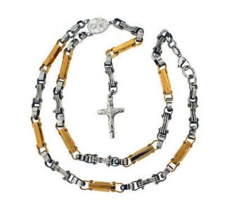   Yellow Gold Tone Rosary Chain Stainless Steel Necklace With Cross 17