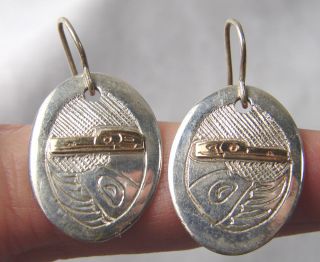   Coast Native Kwakiutl Sterling & Gold SUN Earrings, Silver+14k Signed