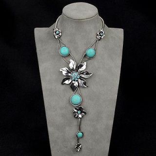   Tibet Silver Nature Turquoise Flower Diamante Pendant Necklace B1169K