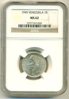 Venezuela Silver 1945 Bolivar MS62 NGC