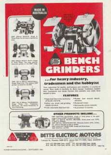 Vintage 1984 GMF BENCH GRINDERS Advertisement BETTS ELECTRICAL MOTORS