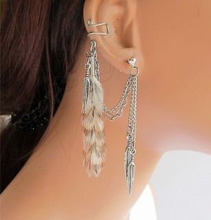Original Handmade Ear Cuff Grizzly Feather Double Chain