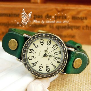 Colorful solid real leather band vintage style womens quartz watch