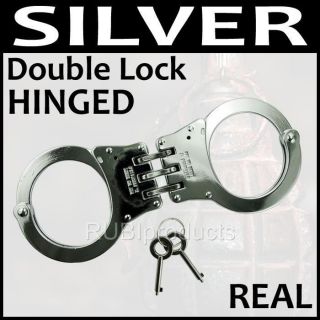 SILVER Handcuffs REAL Double Lock TRIPLE HINGED Police Hand Cuffs W/ 2 