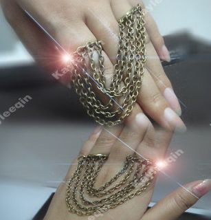 Woman Vintage Copper Tassel Chain Double Finger Ring Copper Costume 