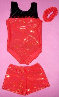 GYMNASTICS LEOTARD SHORTS set girls child small cs SZ 6 7 RED foil 