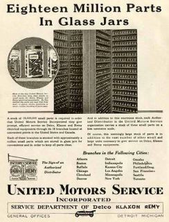 1920 UNITED MOTORS SERVICE 18 MILLION PARTS IN JARS AD
