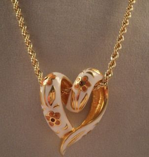   White Floral Heart with Swarovski Crystals Pendant Necklace NEW