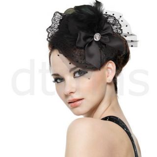 Feather Bow Hair Clip Lace Black Mini Top Hat Party Lolita Cosplay 