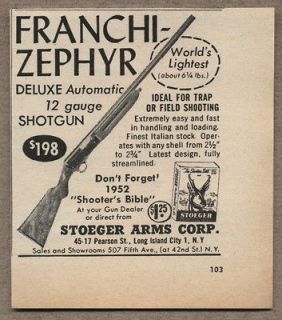 1952 Vintage Ad Franchi Zephyr 12 Gauge Shotguns Stoeger Arm