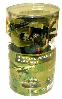 110+ Army Men in Large Toy Tube with cannon, tank, jeeps, barrel, ammo 
