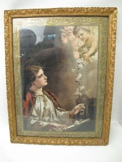 Antique Lithograph Print Saint Cecilia & Cherubs in Antique Frame 1907