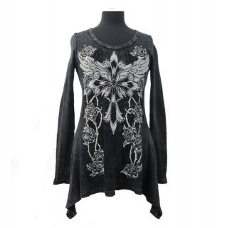 Vocal Womens Tunic Top Charcoal Gray Long Sleeve Cross Roses 