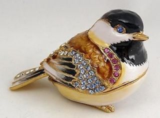 Enameled Pewter Swarovski Bejeweled Chickadee Bird Trinket Box