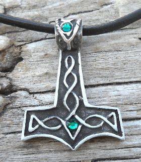   THORS HAMMER Norse Thor EMERALD Crystal MAY Birthstone Pendant