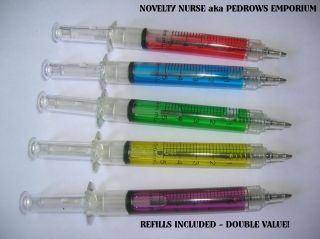 NOVELTY SYRINGE PENS & refills (CHOICE OF COLOURS)  great value spooky 