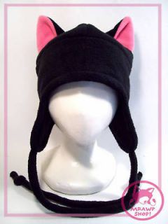 BLACK CAT HAT FLEECE PINK EARS Cosplay Wolf Anime NEW All Sizes