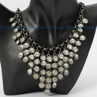 Fashion Gray Black Chain Jewelry White Rhinestone Bib Pendant Necklace 