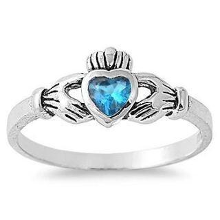 Blue Topaz Claddagh Heart Sterling Silver Ring Ring   Sizes 1   9