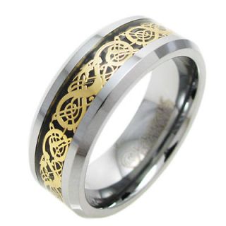 Tungsten Carbide Black w/ Gold Dragon Inlaid Stripe Ring Size 7 13