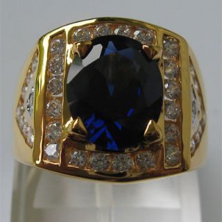 GORGEOUS 4.0 CT BLUE SAPPHIRE OVAL WHITE CZs JEWELRY RING MENS SIZE 11