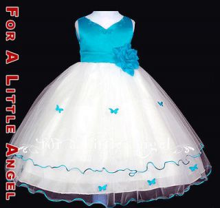 Aqua Blue Flower Girl Dress Butterfly sz S 2 4 6 8 10