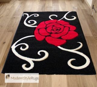 Black Red White Single Rose Pattern Home Rug In Large Small and Runner 