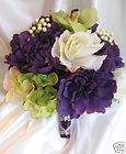 Wedding Bouquet Bridal Silk flowers PURPLE GREEN ORCHID 10 pcs 