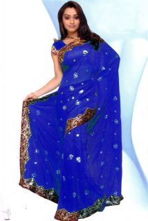Royal Blue Bollywood Sequin Saree Sari Bellydance Drape Fabric ROBE 