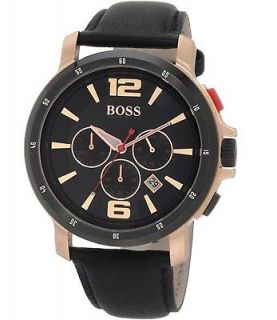   BOSS Mens Chronograph Black Leather Strap Rose Gold Watch 1512599