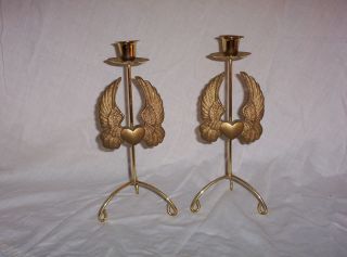 LOT of 2 TALL BRASS PLATED CANDLE HOLDERS with WINGS HEART
