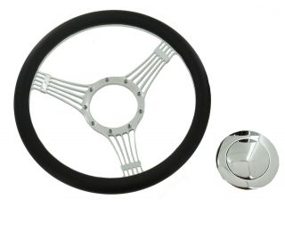    Billet Chrome Wrap Leather Banjo Steering Wheel &Smooth Horn Button