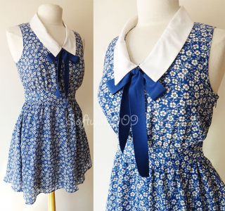 NEW Forever 21 Blue/White Floral Print Peter Pan Collar Bow Accent 