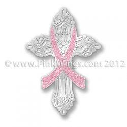   STYLE Breast Cancer Silver Tone Cross with glitter pink ribbon pin f/s