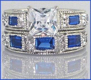 ANTIQUE White Gold EP lab Blue Sapphire & CZ Bridal Wedding Ring Set 
