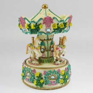 Vintage style Green & White Musical Carousel Music Box Plays Green 