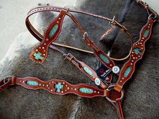 HORSE BRIDLE BREAST COLLAR WESTERN LEATHER HEADSTALL TACK TURQUOISE 
