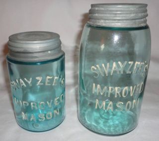   Swayzees Improved Mason Antique Canning Jars Quart & Pint Aqua Glass