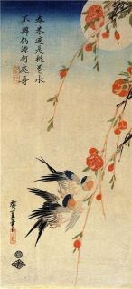 Traditional Japanese Swallows on Peach Tree Bird Print Picture by Ando 