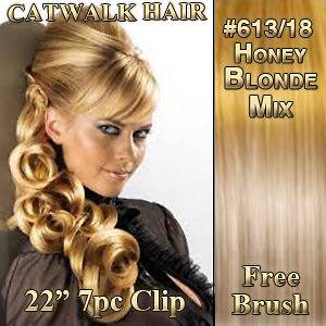 22 CLIP IN On Remy Human Hair Extensions #613/18 Honey Blonde Mix 7p 
