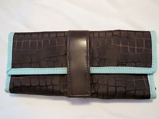 Designer Stephanie Johnson Brown Blue Croc Skin Makeup Bag Tote Case 