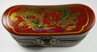 Chinese Anciet Dragon Phoenix Wood Jewelry Box Case Artificial Leather 