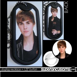 Justin Bieber DOGTAG NECKLACE + BUTTON or MAGNET pin beiber new badge 