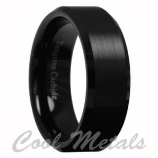 8mm Tungsten Carbide Mens Black Brushed Stripe Comfort Fit Band Ring 