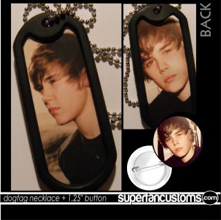 Justin Bieber DOGTAG NECKLACE + BUTTON or MAGNET pin beiber badge 