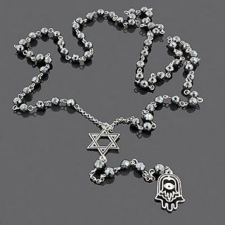 Silver Jewish Necklace Star of David Hamsa Hand Made Rosary Diamond 