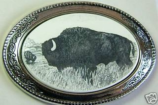 Belt Buckle Barlow Scrimshaw Buffalo Bison Western Silver Carved 