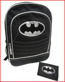 BATMAN Backpack   LARGE Book Bag   Black & Silver   BONUS WALLET 